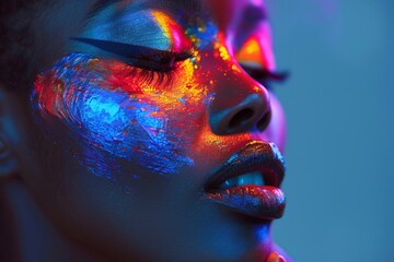 African American female face close up with artistic makeup in pastel colors, paint on skin on gray background