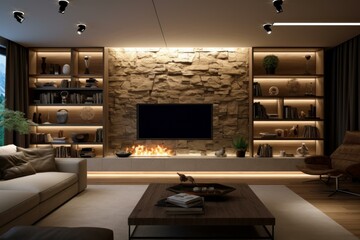 Naklejka premium Elegant interior design of a contemporary living room with a warm fireplace and stylish furniture