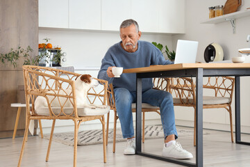 Mature man with coffee cup and cute Jack Russell terrier at table in kitchen