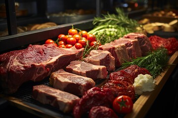 Meat products on the counter in a restaurant. Raw meat and vegetables.