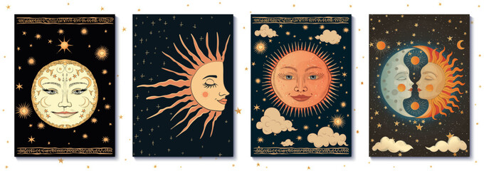 Unique set of vector illustrations featuring stylized sun and moon images with a mystical atmosphere and folklore-inspired motifs. Each illustration is ideal for A4 format posters, covers, and prints. © Eva