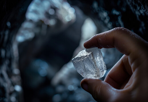Human hand delicately holding a rough petalite crystal, a key resource for lithium batteries