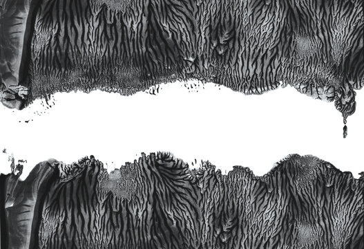 Abstract ink watercolor and acrylic flow blot smear painting blot. Black and white landscape monotype texture stain on white background.