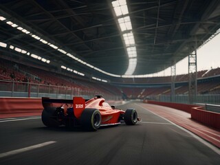 Red race car driving down a track with a background of a stadium and a red fence