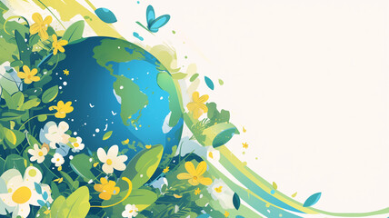 World Environment Day Illustration: Planet Earth with Plants and Flowers. Copy Space, Banner. Generative AI