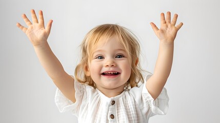 Joyful Toddler Girl with Raised Hands Smiling Cheerfully. Studio Portrait, White Background, Simple Childhood Happiness. Perfect for Family Content. AI