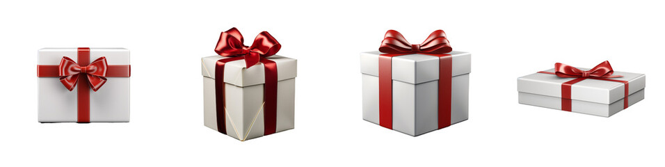 Obraz premium Elegant White Gift Boxes Tied with Lustrous Red Ribbon, Perfectly Crafted Transparent Background for Versatile Use.