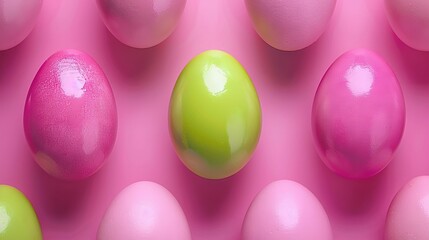   A row of pink and green eggs with one green egg centrally placed among them