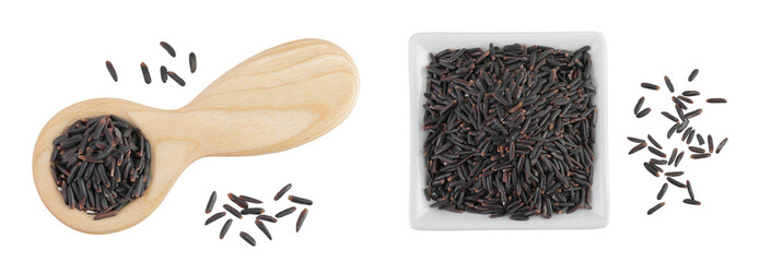 Black rice in a wooden spoon and ceramic bowl isolated on white background. Top view. Flat lay