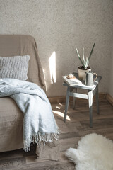 Home sofa with objects of cozy decor in the living room
