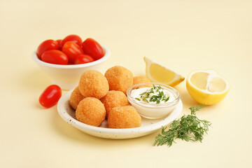 Plate with delicious fried mozzarella balls, sour cream and tomatoes on beige background