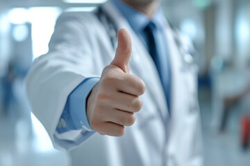 Confident doctor giving a thumbs-up in a hospital. Ideal for healthcare promotion, symbolizing trust and positive outcomes in medical settings