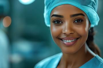 Confident female surgeon in operating room. Reflects professionalism and expertise in medical field. Ideal for healthcare, education, and promotional use