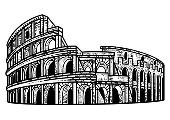 Coliseum historical Rome monument sketch engraving PNG illustration. T-shirt apparel print design. Scratch board imitation. Black and white hand drawn image.