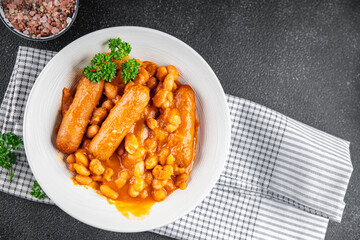 beans sausages tomato sauce fresh cooking appetizer meal food snack on the table copy space food background rustic top view