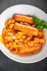 beans sausages tomato sauce fresh cooking appetizer meal food snack on the table copy space food background rustic top view