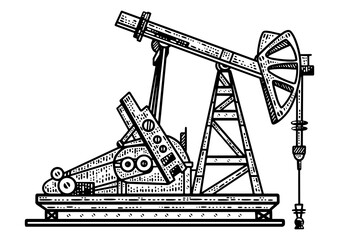 Industrial oil pump station sketch engraving PNG illustration. T-shirt apparel print design. Scratch board imitation. Black and white hand drawn image.