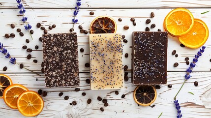  Each soap bar is uniquely crafted and adorned with coffee beans, lavender, and dried orange slices, adding visual interest and texture to the composition.