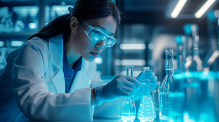 Focused female scientist conducting experiments in a modern laboratory. Emphasizes dedication and precision in scientific research. Ideal for educational and professional use in science and technology