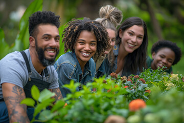 Community gardening day. Diverse group of friends enjoying gardening together. Highlights teamwork and sustainable living. Ideal for environmental and lifestyle campaigns