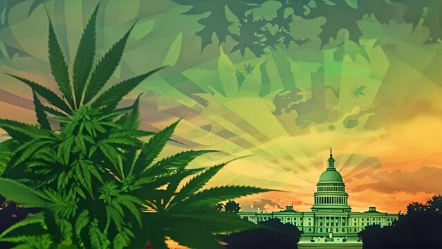Illustration pushing through Marijuana plants towards the United States Capitol at sunrise. Background video for legalization news broadcast or cannabis advertising.