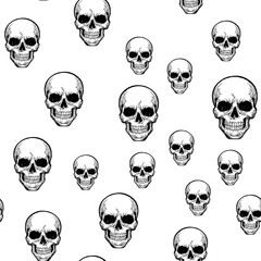 Human skull seamless pattern background sketch engraving PNG illustration. T-shirt apparel print design. Scratch board imitation. Black and white hand drawn image.
