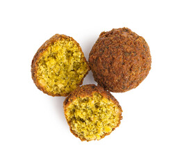 Delicious cut falafel balls on white background