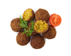Delicious falafel balls, tomato and dill on white background