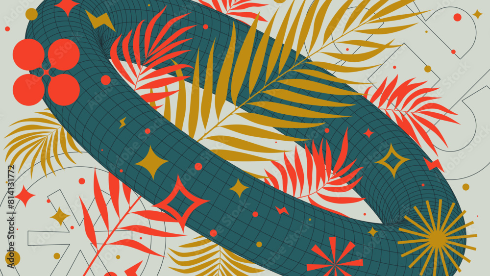 Leinwandbilder abstract geometric background with 3d torus frame wireframe form with tropical leaves graphic of geo