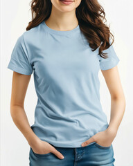 A woman wearing a light blue t - shirt.
