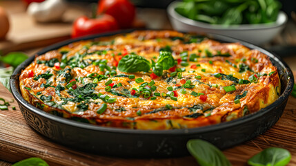 A pizza with spinach and tomatoes is sitting on a wooden table. The pizza is cut into slices and is ready to be eaten