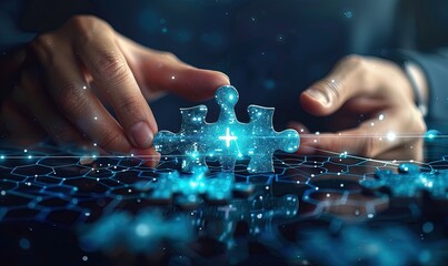 Hand connecting digital puzzle pieces, concept of system integration and software technology