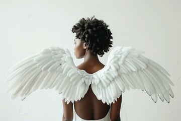 black woman from the back with big white angel wings growing from her back, white background