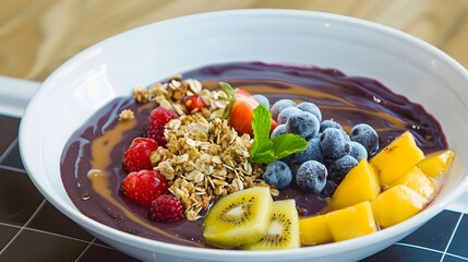 A&ccedil;a&iacute; bowl, a popular Brazilian dish made with frozen a&ccedil;a&iacute; berries and topped with granola and fruit