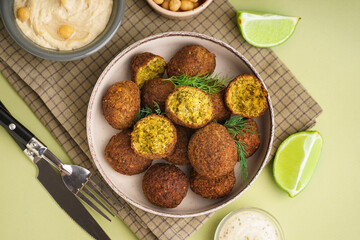 Bowl with delicious falafel balls, hummus and lime on green background