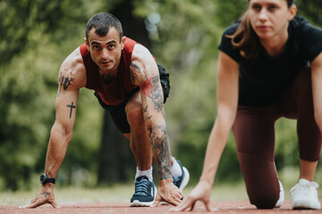 A focused man and woman crouch on a running track, ready to sprint, surrounded by lush green park...