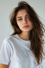 Fototapeta premium A young woman with long hair wearing a white t - shirt.