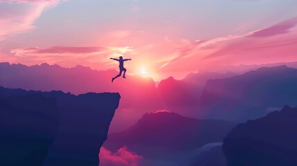 Silhouette of a person leaping between cliffs at sunset. Freedom and adventure concept with vibrant colors. Inspirational lifestyle image. AI