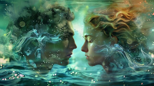 aquarius zodiac sign with man and woman, mystic background, 16:9