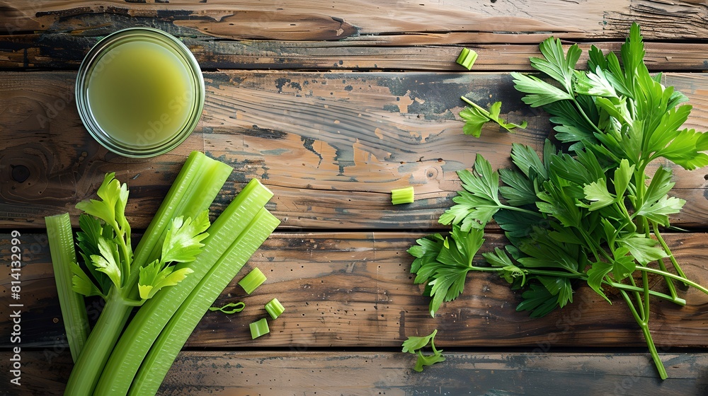 Wall mural Fresh celery sticks and leaves with green juice on a rustic wooden table. Healthy lifestyle and detox concept. Vivid colors in a natural setting. AI