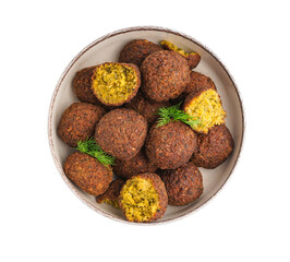 Bowl with delicious falafel balls and dill on white background