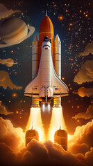 A space shuttle is launching into space with a bright orange rocket