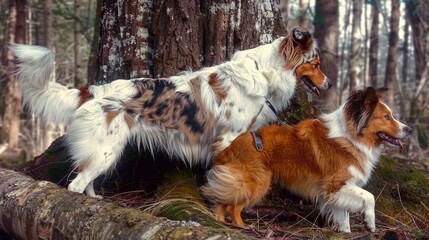   Two brown and white dogs stand together on a log in the forest surrounded by tall trees