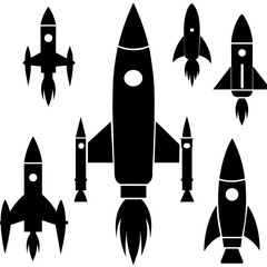 a high resolution vector bundle of rocket ship silhouettes, featuring a variety of rocket spaceship