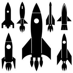 a high resolution vector bundle of rocket ship silhouettes, featuring a variety of rocket spaceship