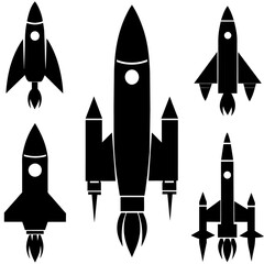 Fototapeta premium a high resolution vector bundle of rocket ship silhouettes, featuring a variety of rocket spaceship