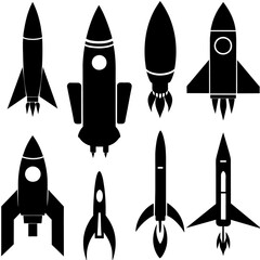 a high resolution vector bundle of rocket ship silhouettes, featuring a variety of rocket spaceship