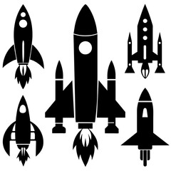 a high resolution vector bundle of rocket ship silhouettes, featuring a variety of rocket spaceship