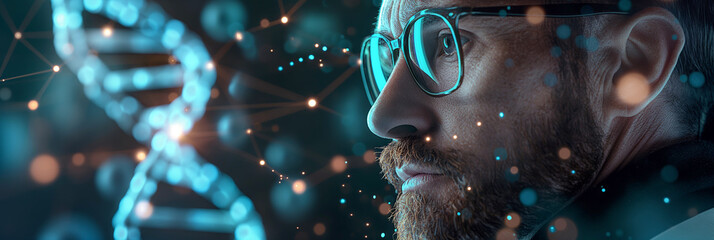 Man observing DNA strands closely, the image portrays scientific research and discovery in healthcare, ideal for educational and medical publications