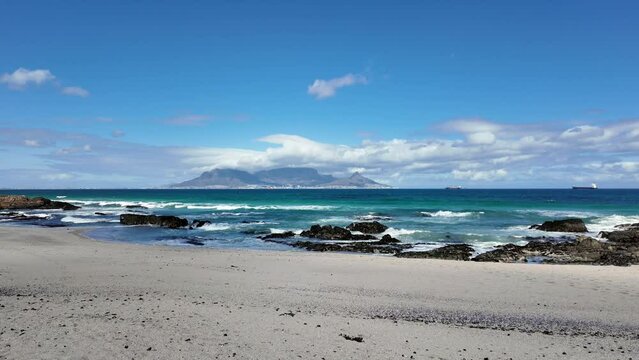 Bloubergstrand west coast South Africa.  19. 04. 2024. View of Cape Town and Table Mountain from the seaside resort of Bloubergstand   across Table Bay on the West Coast of South Africa.